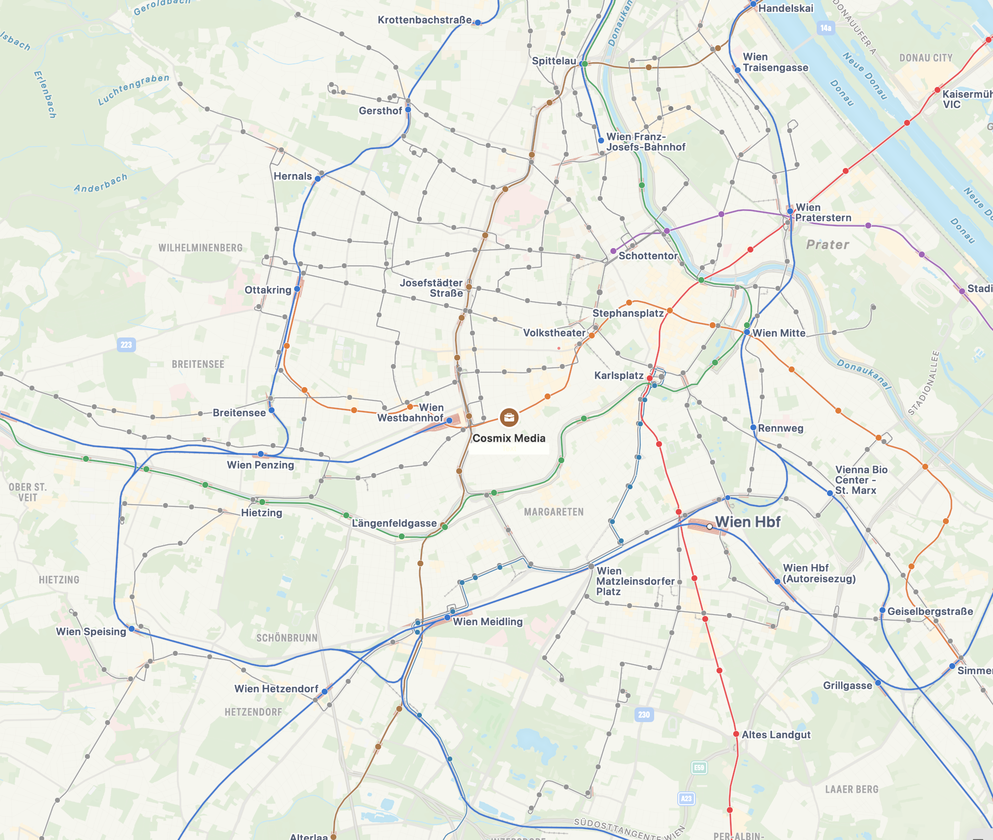 Karte des öffentlichen Verkehrsnetzes in Wien mit dem Standort von COSMIX